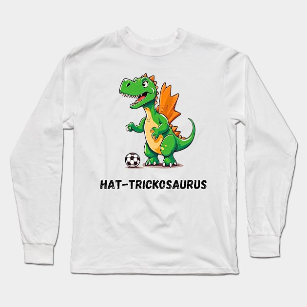 Hat-trickosaurus Dino Playing Soccer Long Sleeve T-Shirt by Doodle and Things